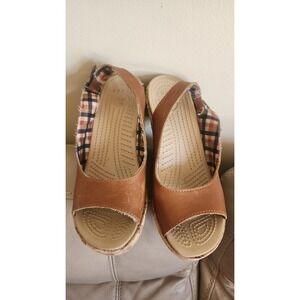 Crocs A-Leigh Wedge Tan Leather Heel Cork Slingback Sandal Women's Size 7